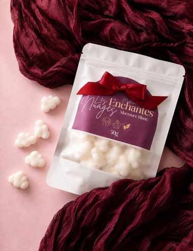 Fondants parfumés en forme de nuages, cire végétale premium. Senteur chic et propre.Madeleine de Pourpre.