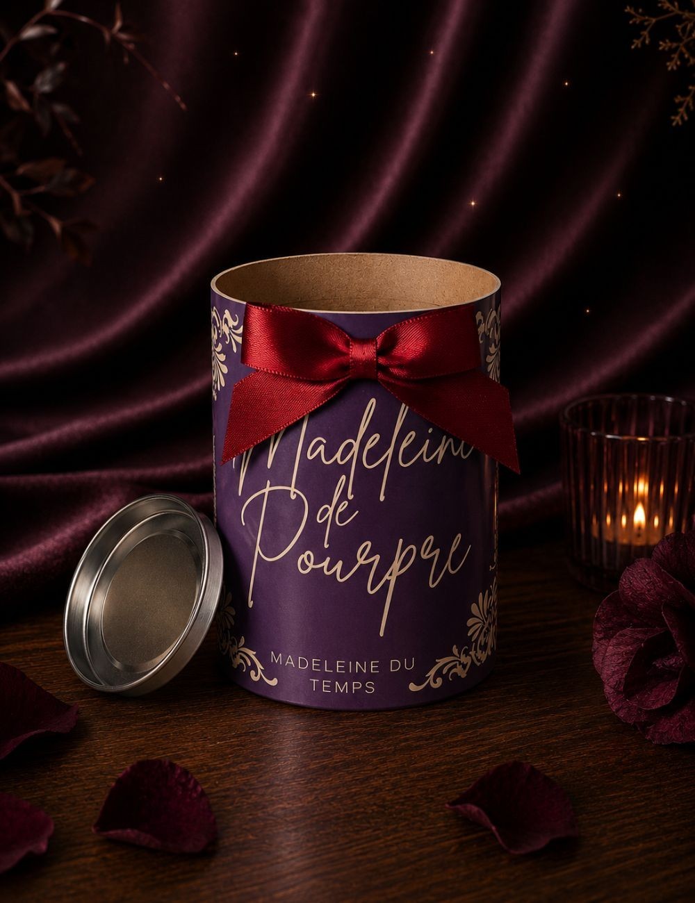 Boîte cadeau bougie parfumée Madeleine de Pourpre. Collection gourmande et raffinée Madeleine de Temps.