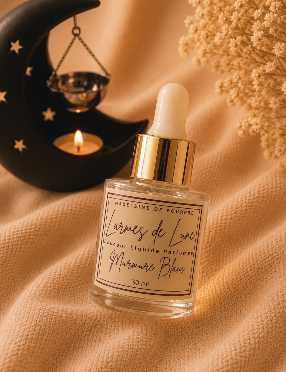 Larmes de lune Madeleine de Pourpre. Fondant liquide parfumé senteur Murmure blanc, notes fraîches et propres.