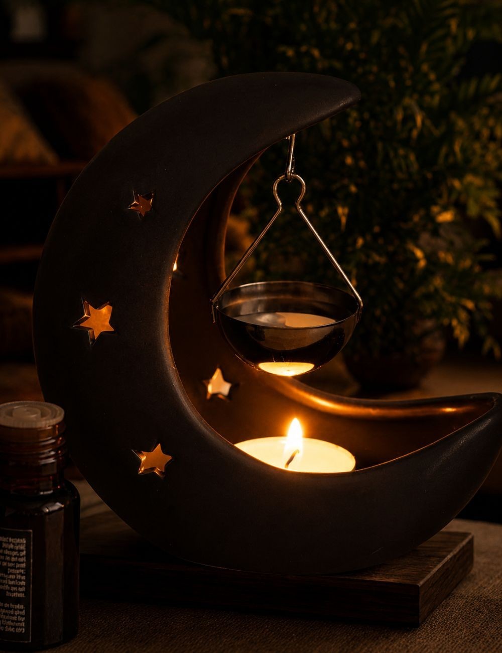 Brûle-parfum lune noire de nuit suspendue pour fondants parfumés. Madeleine de Pourpre.