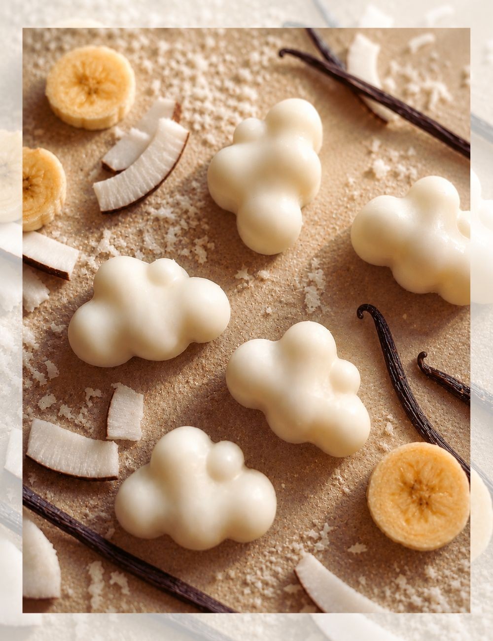 Nuages enchantés Madeleine de Pourpre. Fondants parfumés en cire végétale 100% d'origine naturelle. Fabrication française.