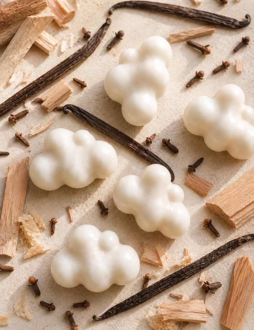 Fondants parfumés en forme de nuages de cire végétale colza-coco. Senteur ambiance feu de bois vanille. Madeleine de Pourpre.