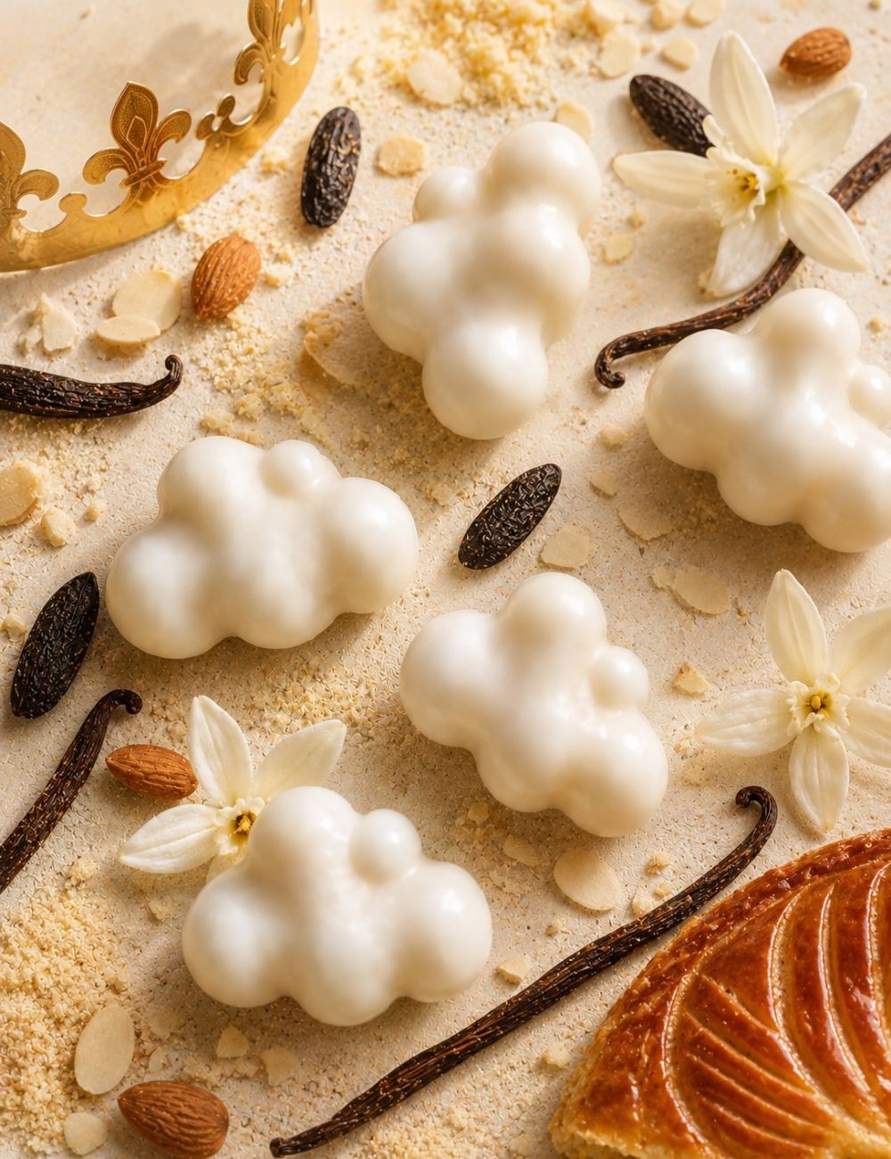 Fondants parfumés en cire végétale en forme de nuages, senteur galette des rois et frangipane.