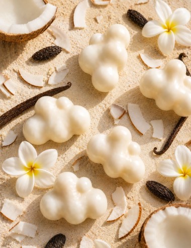 Fondants parfumés en cire végétale. Senteur ile de velours, noix de coco,tiaré,tonka. Madeleine de Pourpre.