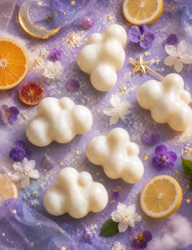 Fondants parfumés en forme de nuages de cire végétale colza coco. Senteur divine agrumes,violettes,jasmin. Madeleine de Pourpre.