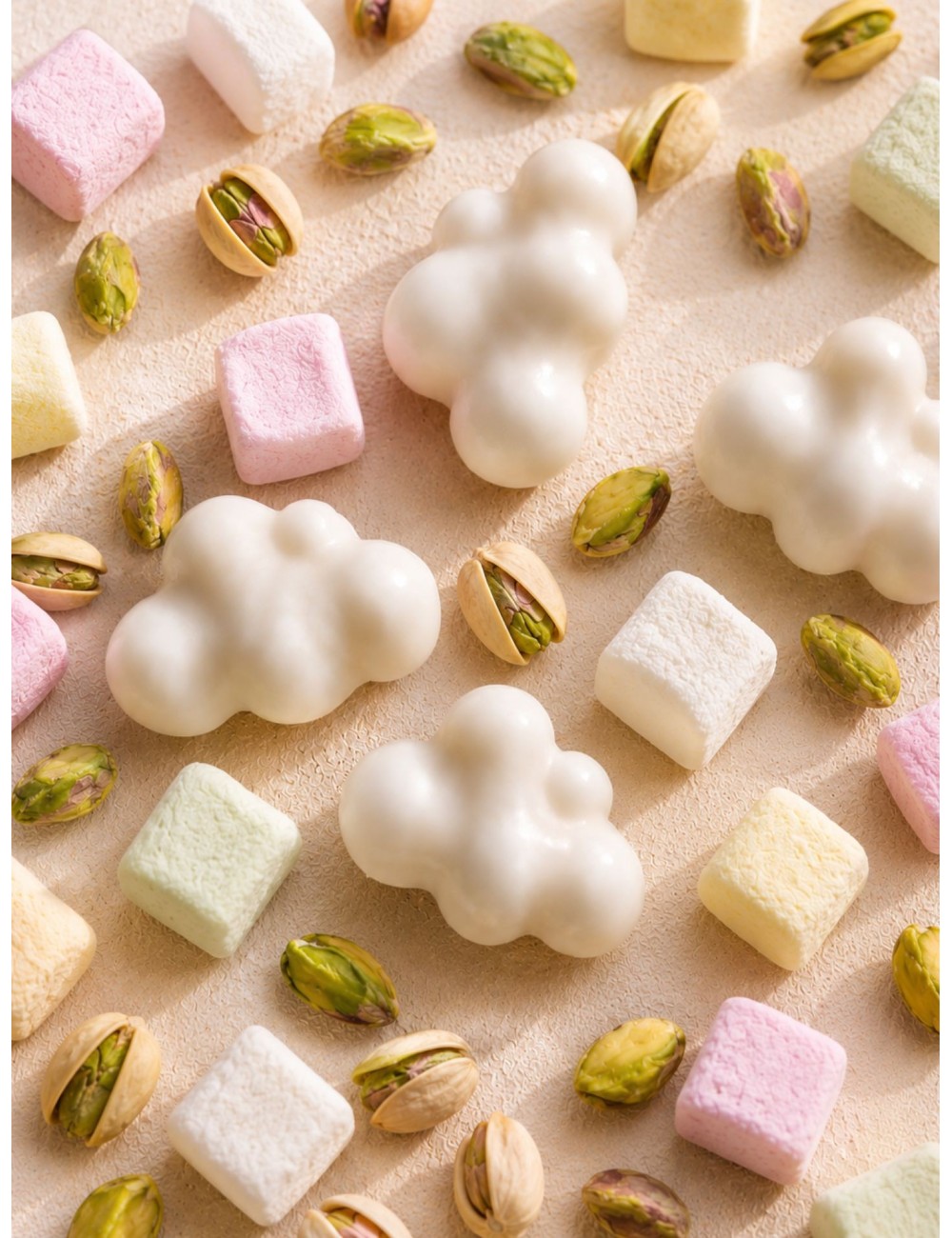 Fondants parfumés en forme de nuages de cire. Senteur pistache guimauve.Cire végétale colza-coco.Madeleine de pourpre.