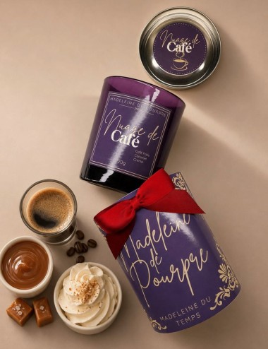 Bougie parfumée gourmande café moka,caramel. Cire végétale premium Madeleine de pourpre.