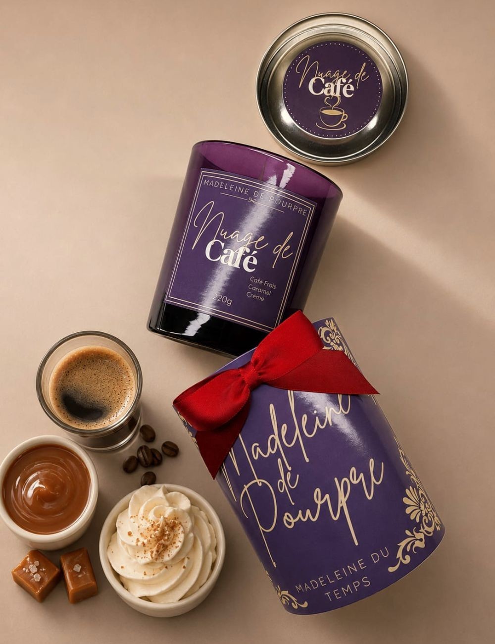 Bougie parfumée gourmande café moka,caramel. Cire végétale premium Madeleine de pourpre.