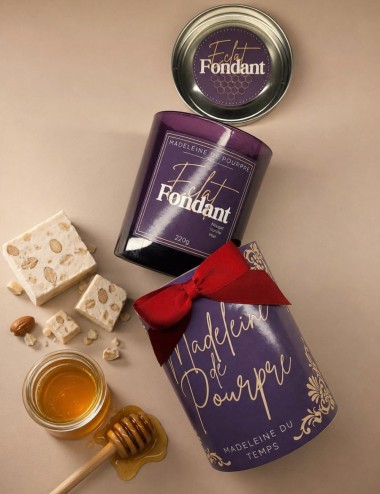 Bougie parfumée gourmande nougat blanc, miel, vanille douce. Cire végétale premium. Madeleine de Pourpre.