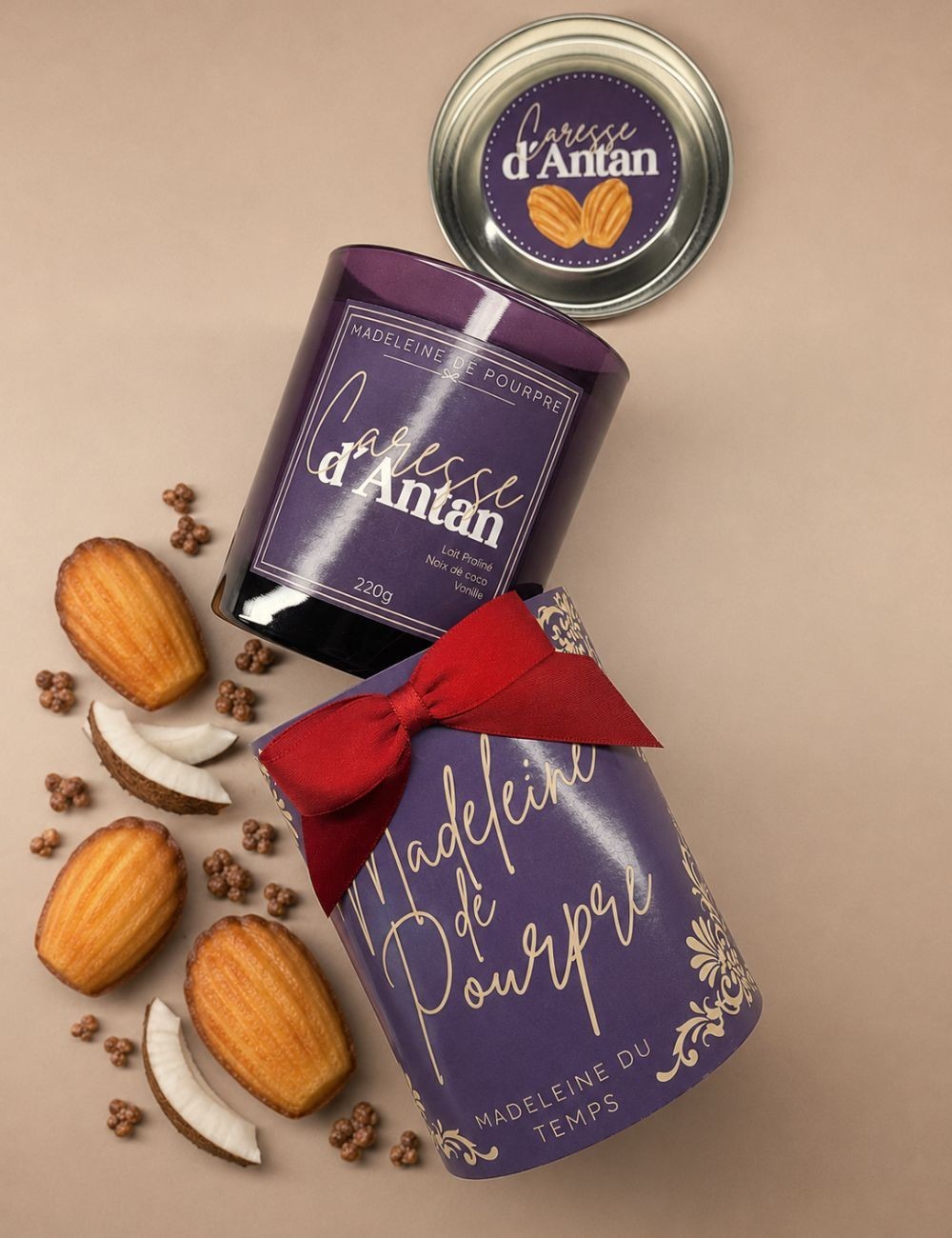 Bougie parfumée gourmande. Notes sucrées et beurrées. Senteur madeleine. Cire végétale.Madeleine de Pourpre.
