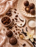 Bougie parfumée aux notes gourmandes de chocolat,pralines,vanille,sucre,cacao. Madeleine de Pourpre.