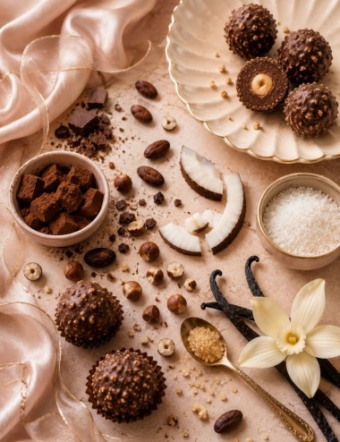 Bougie parfumée aux notes gourmandes de chocolat,pralines,vanille,sucre,cacao. Madeleine de Pourpre.