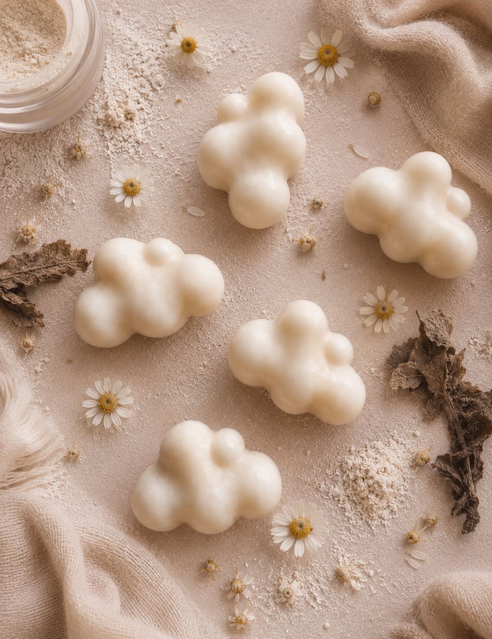 Fondants parfumés en forme de nuages de cire végétale. Senteur talc bébé poudré. Madeleine de Pourpre.