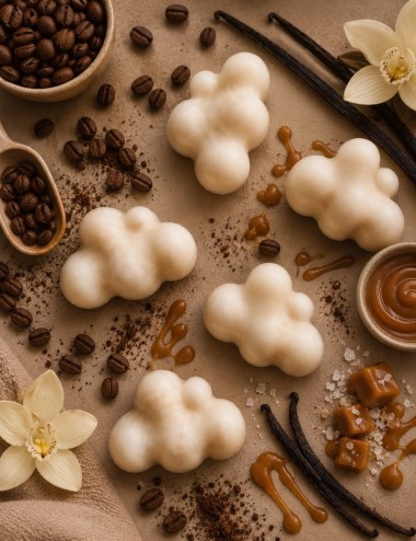 Fondants parfumés en forme de nuages de cire végétale. Senteur gourmande café moka caramel vanille.Madeleine de Pourpre.
