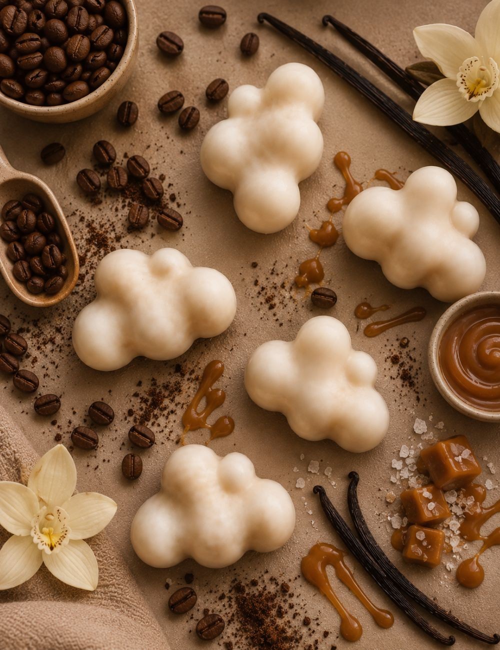 Fondants parfumés en forme de nuages de cire végétale. Senteur gourmande café moka caramel vanille.Madeleine de Pourpre.