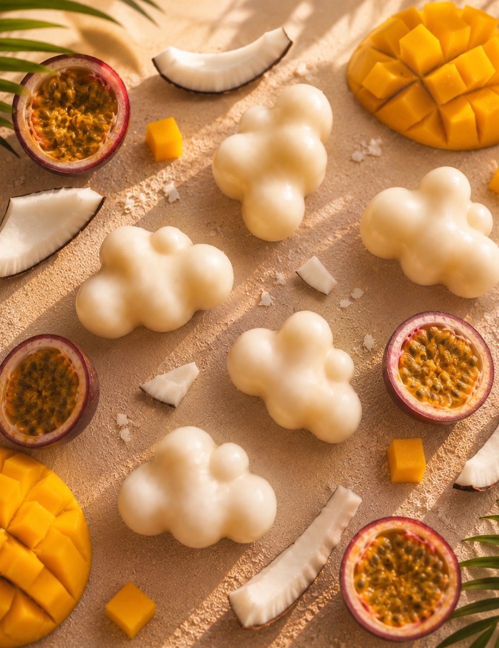 Fondants parfumés en forme de nuages de cire végétale colza-coco. Senteur tropicale fruitée. Madeleine de Pourpre.
