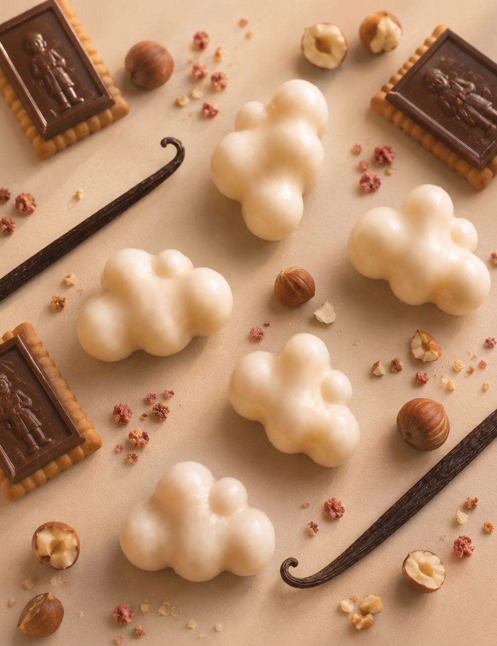 Fondants parfumés en forme de nuages délicats en cire végétale. Senteur gourmande biscuitée chocolat.Madeleine de Pourpre.
