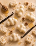 Fondants solides parfumés en forme de nuages de cire végétale. Senteur douce et gourmande de nougat blanc.Madeleine de Pourpre.