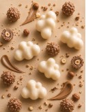 fondants parfumés en forme de nuages de cire végétale. Senteur gourmande rocher praliné.Madeleine de Pourpre.