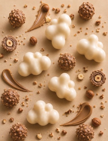 fondants parfumés en forme de nuages de cire végétale. Senteur gourmande rocher praliné.Madeleine de Pourpre.