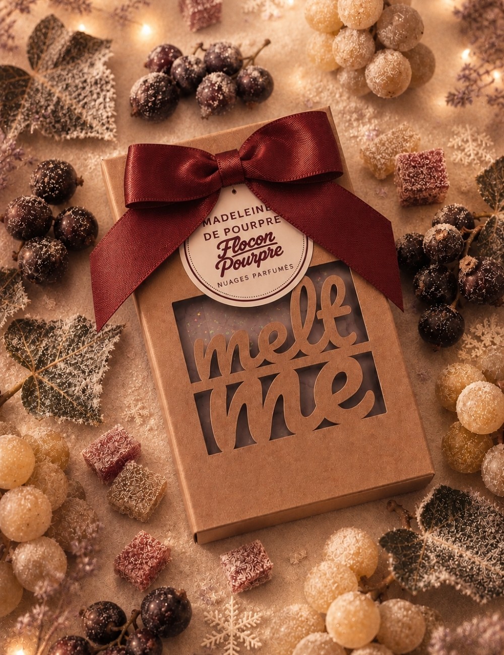 Coffret cadeau parfumé.Fondants cire végétale en forme de nuage. Madeleine de Pourpre.