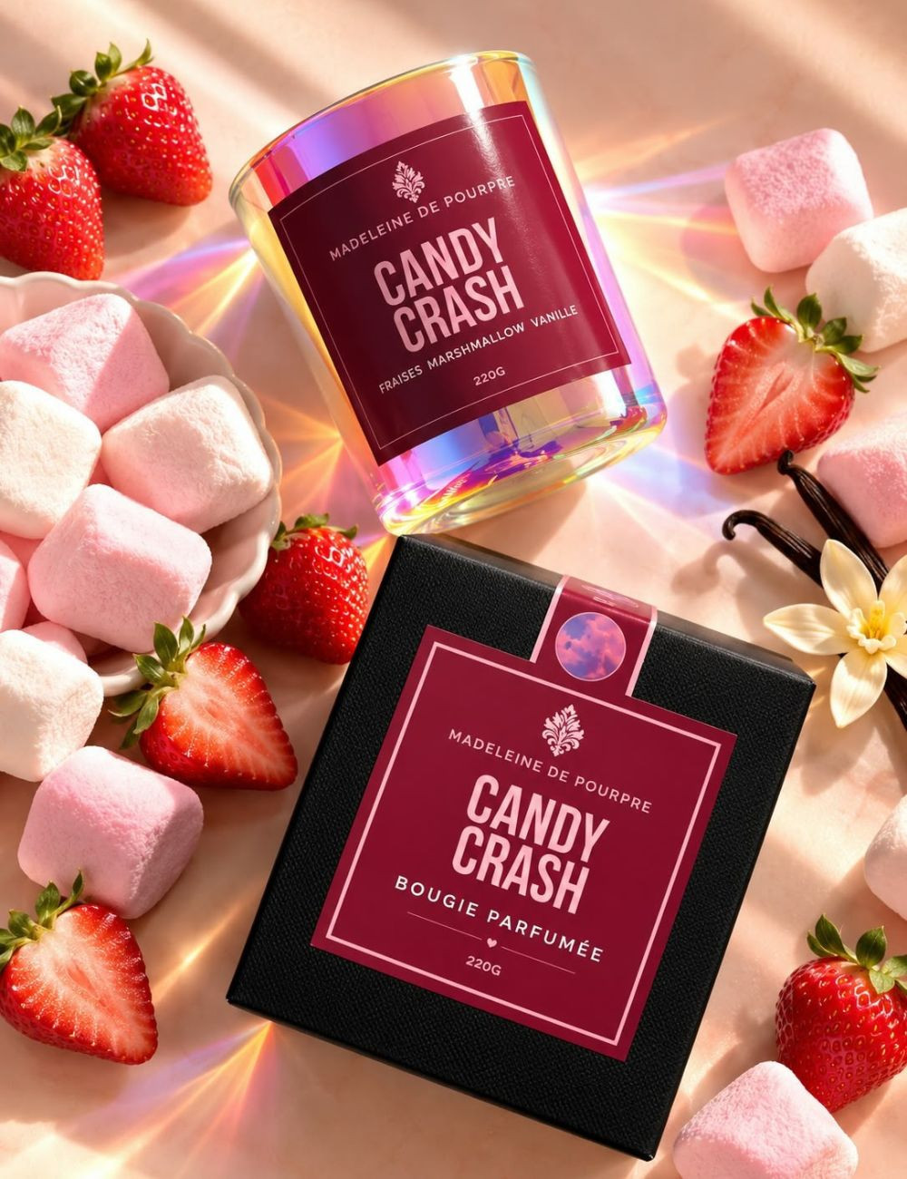 Candy Crash - Bougie Parfumée 220g  | Marshmallow,Fraises,Vanille